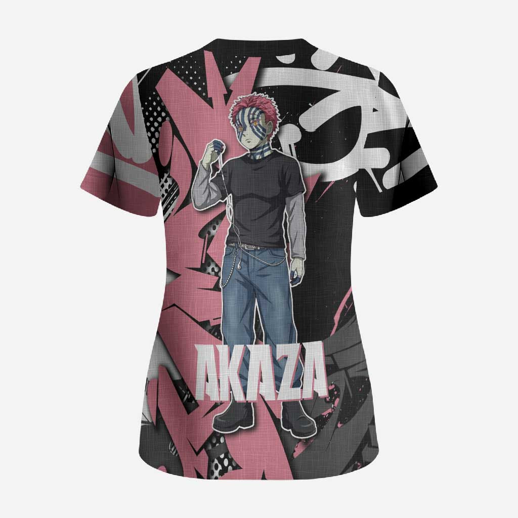 Akaza Demon Slayer Scrub Top Pink & Black Graffiti Anime Graphic