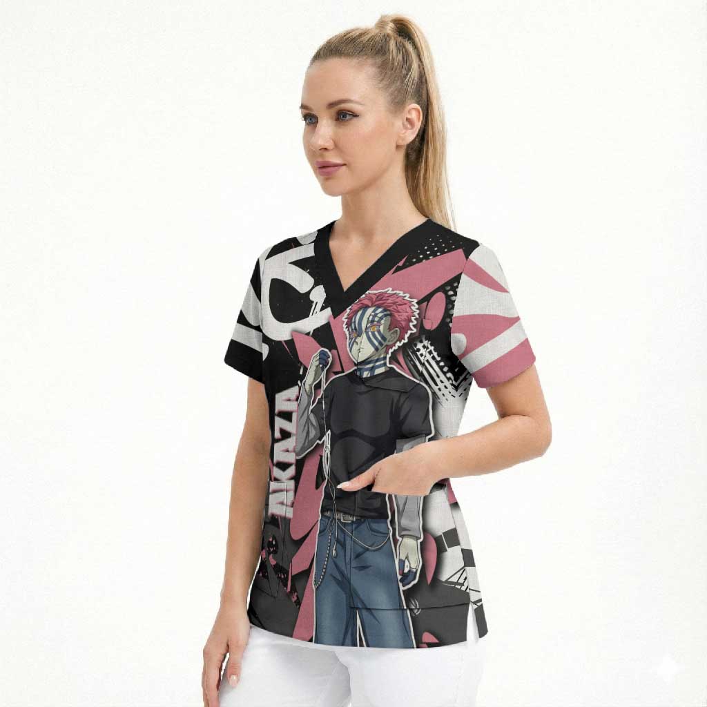 Akaza Demon Slayer Scrub Top Pink & Black Graffiti Anime Graphic