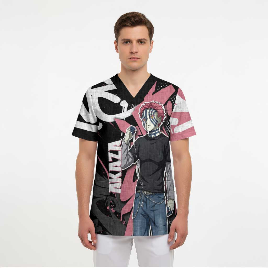 Akaza Demon Slayer Scrub Top Pink & Black Graffiti Anime Graphic
