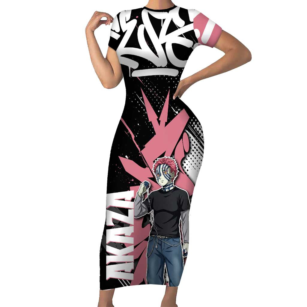 Akaza Demon Slayer Short Sleeve Bodycon Dress Pink & Black Graffiti Anime Graphic