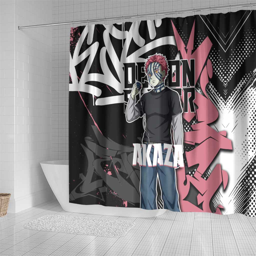 Akaza Demon Slayer Shower Curtain Pink & Black Graffiti Anime Graphic