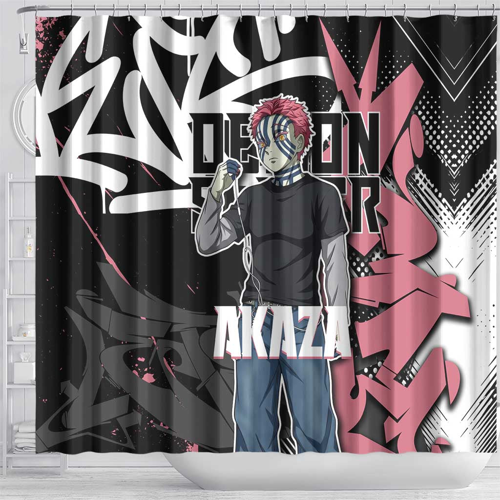 Akaza Demon Slayer Shower Curtain Pink & Black Graffiti Anime Graphic