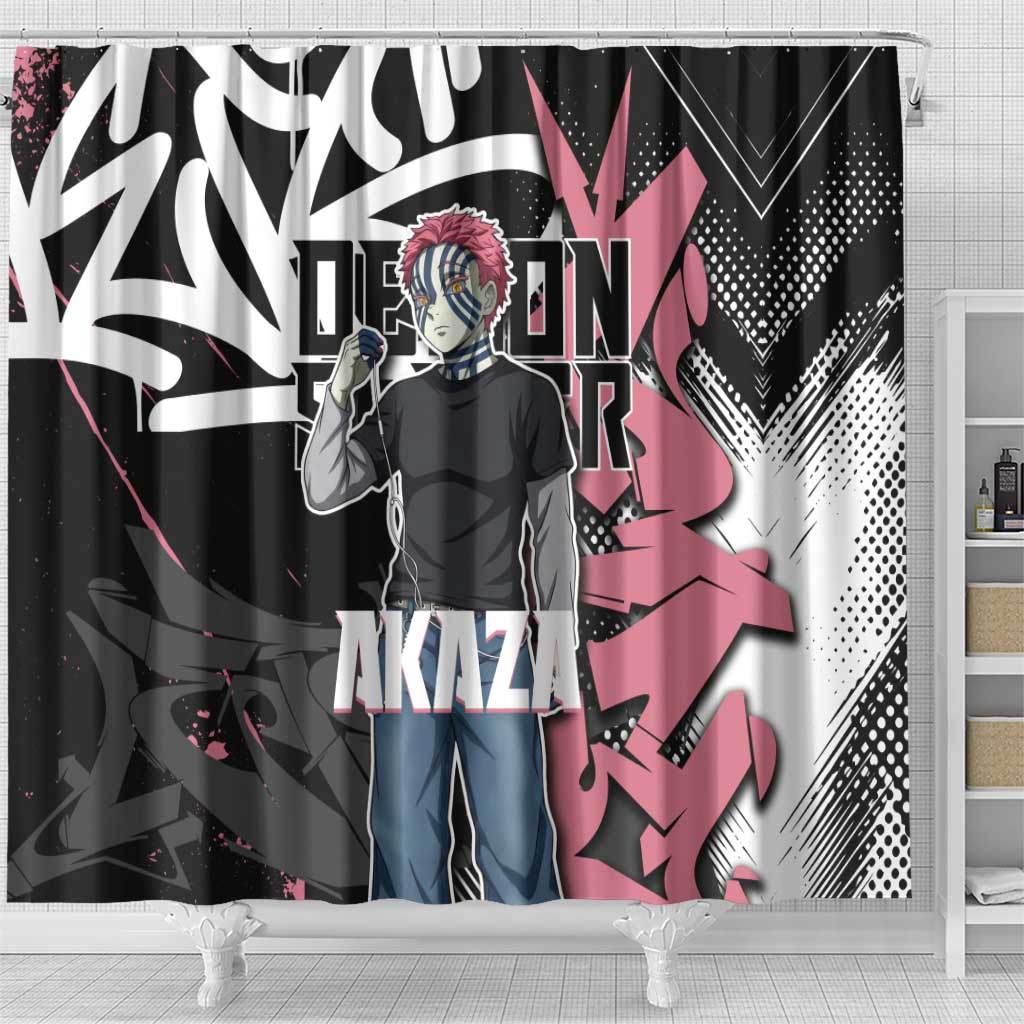 Akaza Demon Slayer Shower Curtain Pink & Black Graffiti Anime Graphic