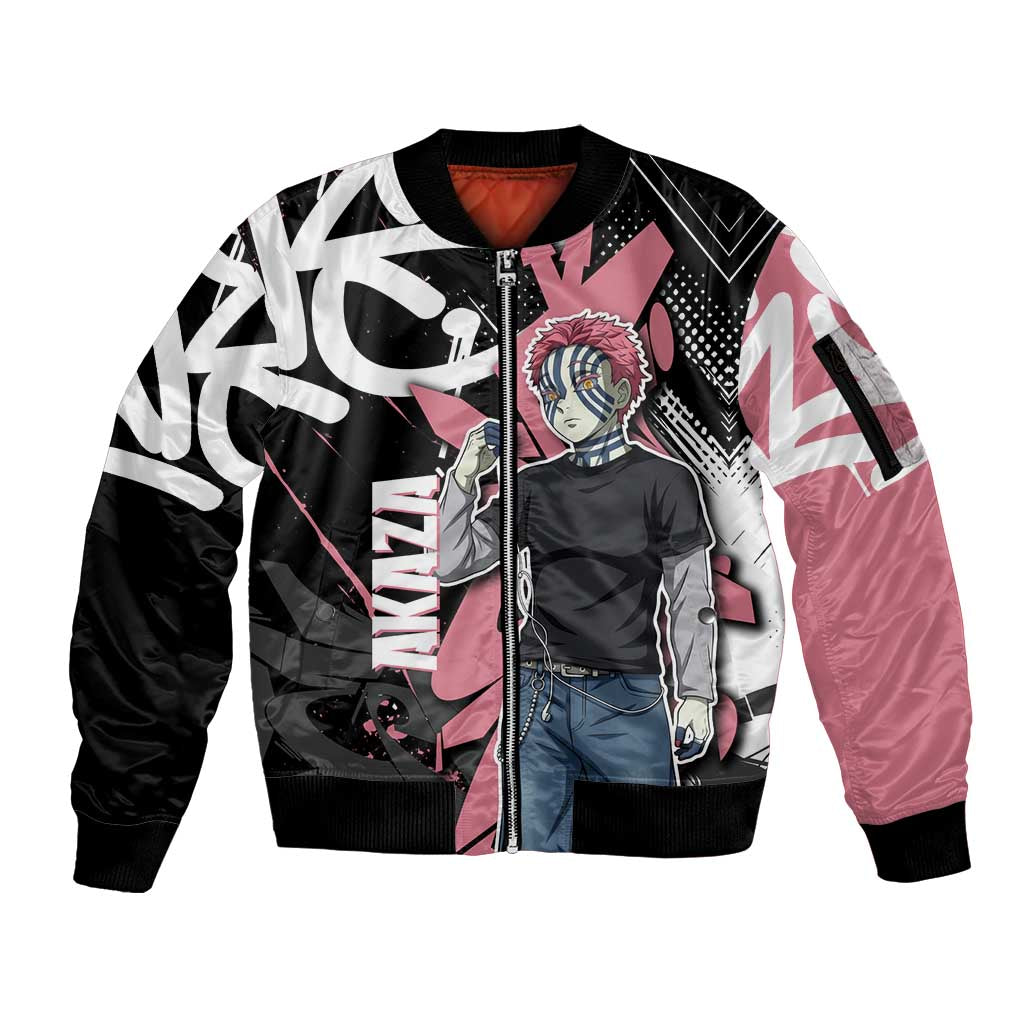 Akaza Demon Slayer Sleeve Zip Bomber Jacket Pink & Black Graffiti Anime Graphic