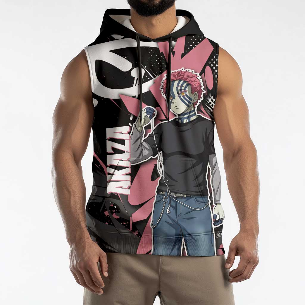Akaza Demon Slayer Sleeveless Hoodie Pink & Black Graffiti Anime Graphic