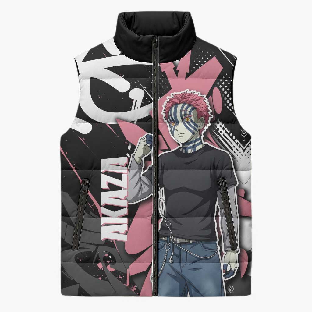 Akaza Demon Slayer Sleeveless Puffer Jacket Pink & Black Graffiti Anime Graphic