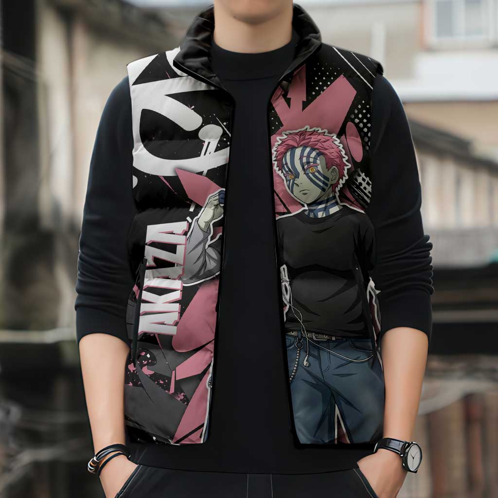 Akaza Demon Slayer Sleeveless Puffer Jacket Pink & Black Graffiti Anime Graphic