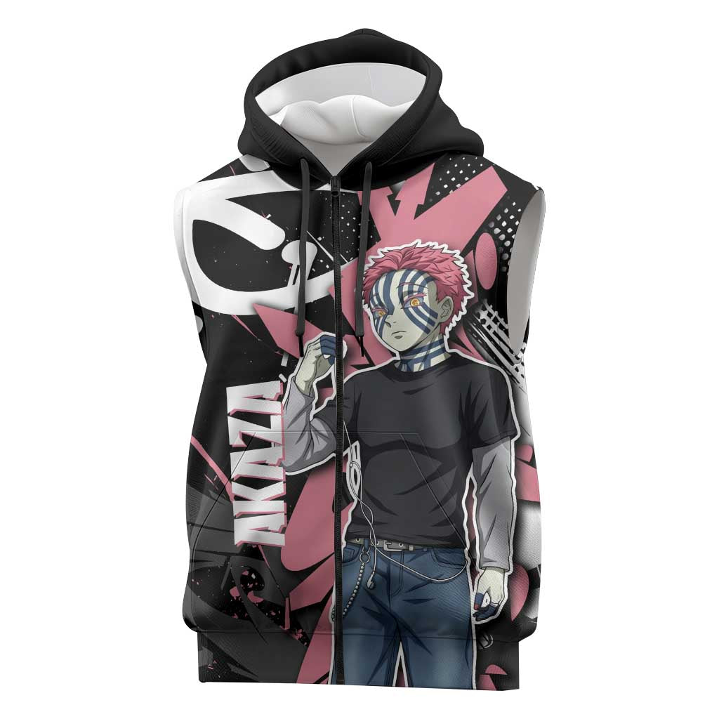 Akaza Demon Slayer Sleeveless Zip Hoodie Pink & Black Graffiti Anime Graphic