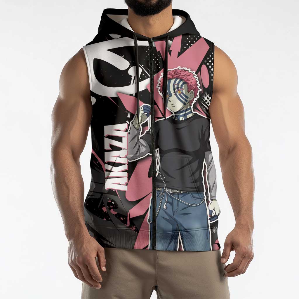 Akaza Demon Slayer Sleeveless Zip Hoodie Pink & Black Graffiti Anime Graphic