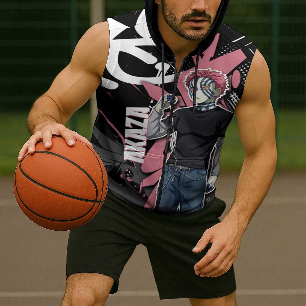 Akaza Demon Slayer Sleeveless Zip Hoodie Pink & Black Graffiti Anime Graphic
