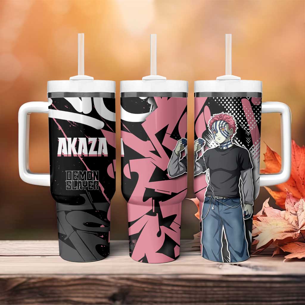 Akaza Demon Slayer Tumbler With Handle Pink & Black Graffiti Anime Graphic