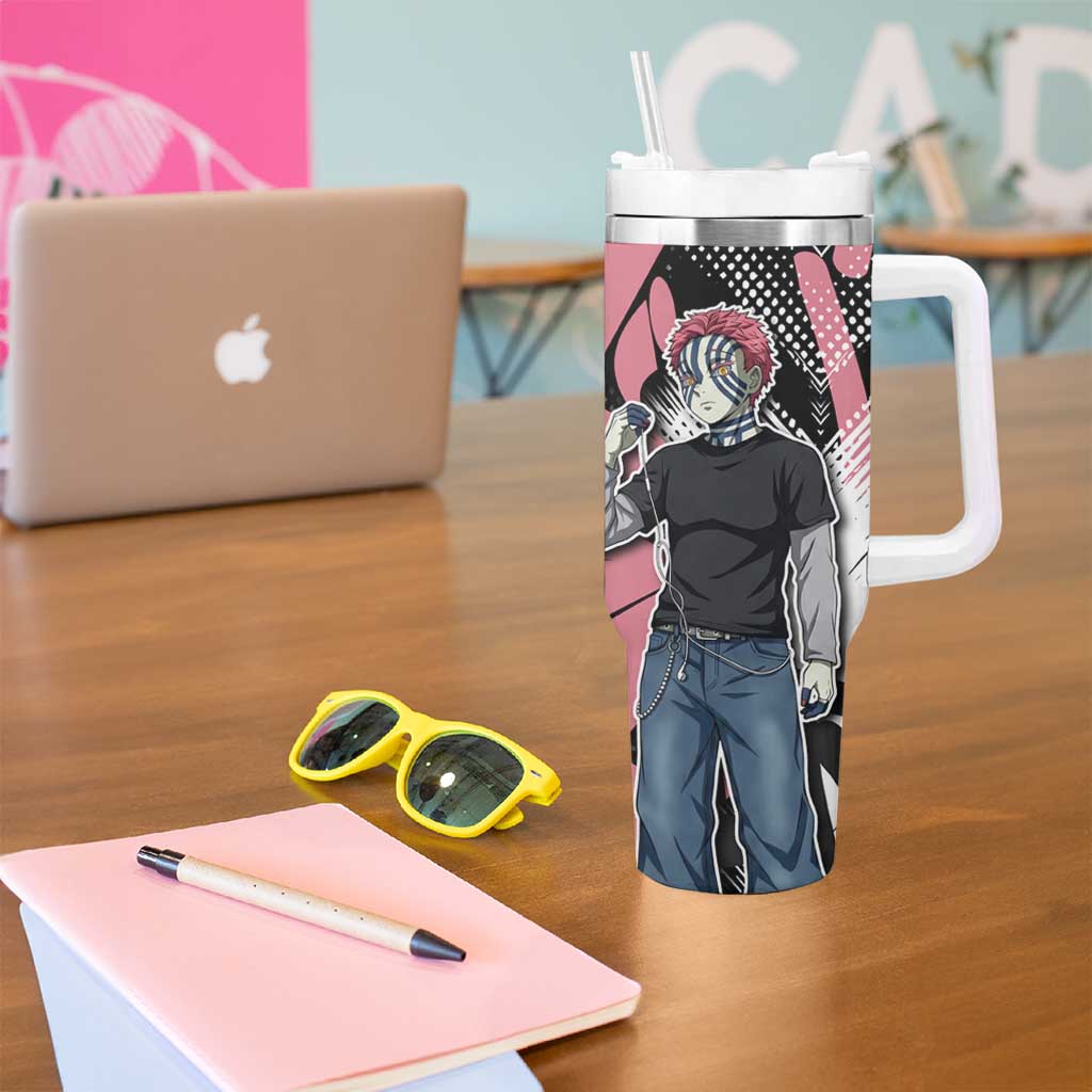 Akaza Demon Slayer Tumbler With Handle Pink & Black Graffiti Anime Graphic