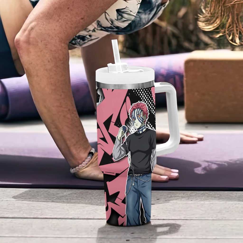 Akaza Demon Slayer Tumbler With Handle Pink & Black Graffiti Anime Graphic