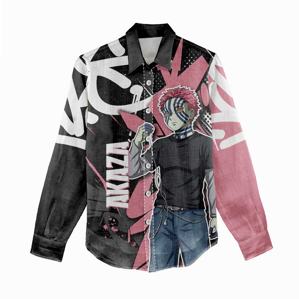Akaza Demon Slayer Women Casual Shirt Pink & Black Graffiti Anime Graphic
