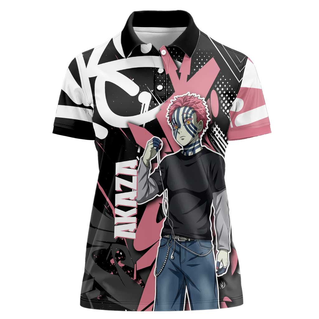 Akaza Demon Slayer Women Polo Shirt Pink & Black Graffiti Anime Graphic