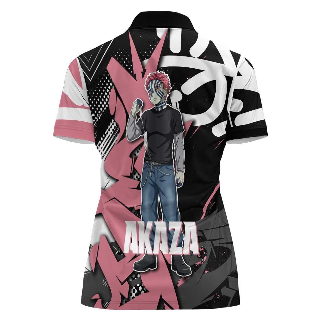 Akaza Demon Slayer Women Polo Shirt Pink & Black Graffiti Anime Graphic