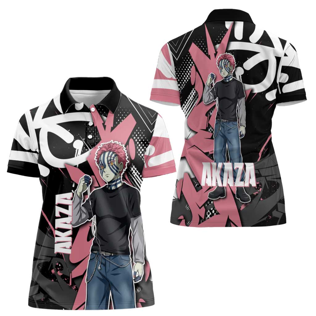 Akaza Demon Slayer Women Polo Shirt Pink & Black Graffiti Anime Graphic
