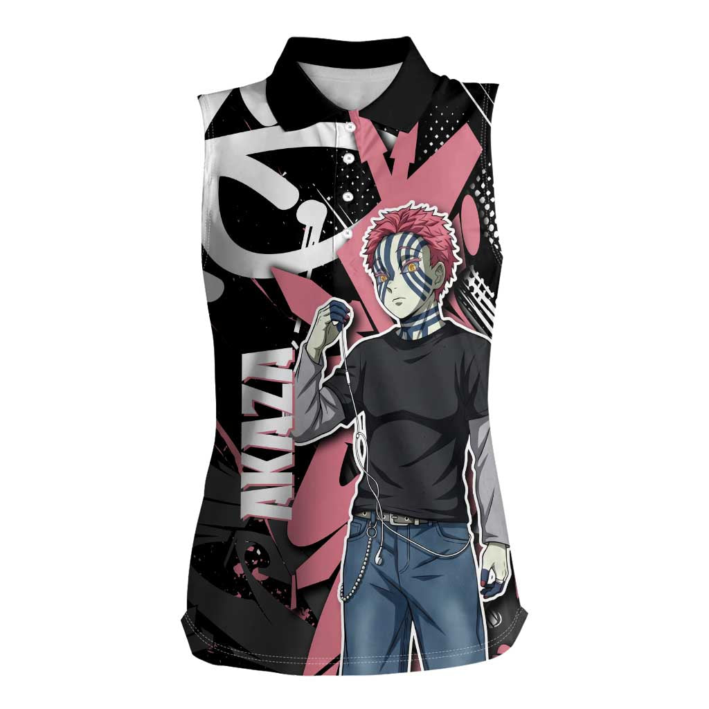 Akaza Demon Slayer Women Sleeveless Polo Shirt Pink & Black Graffiti Anime Graphic