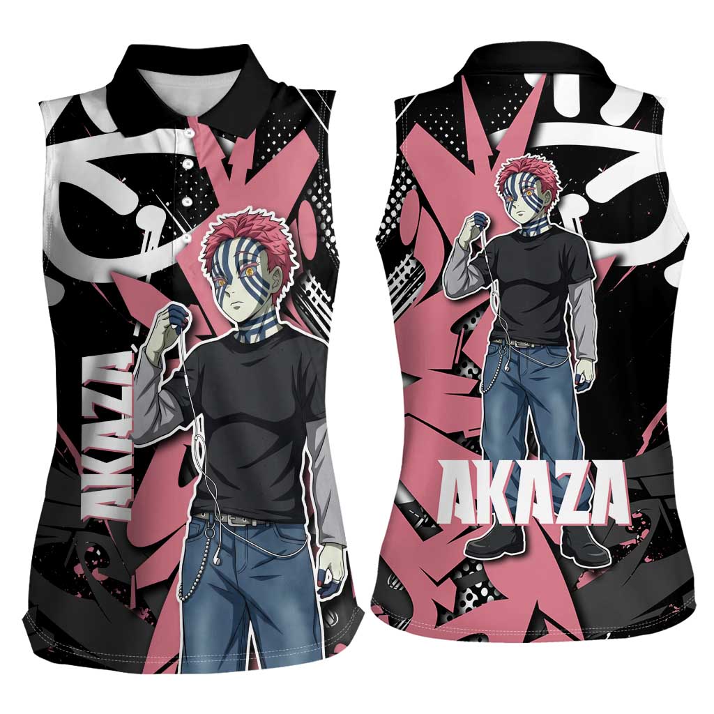 Akaza Demon Slayer Women Sleeveless Polo Shirt Pink & Black Graffiti Anime Graphic