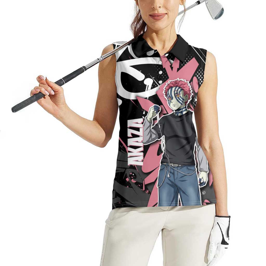 Akaza Demon Slayer Women Sleeveless Polo Shirt Pink & Black Graffiti Anime Graphic