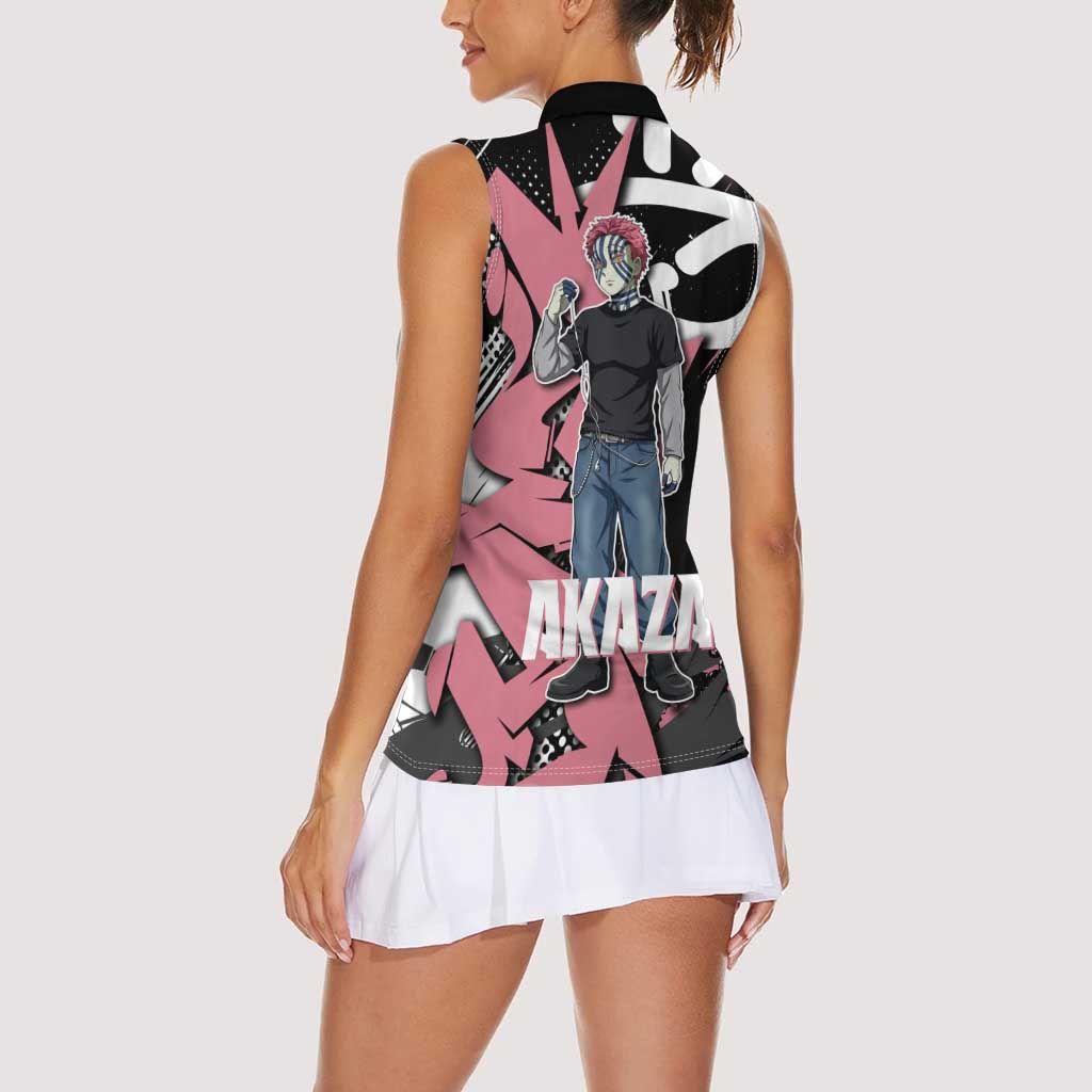 Akaza Demon Slayer Women Sleeveless Polo Shirt Pink & Black Graffiti Anime Graphic