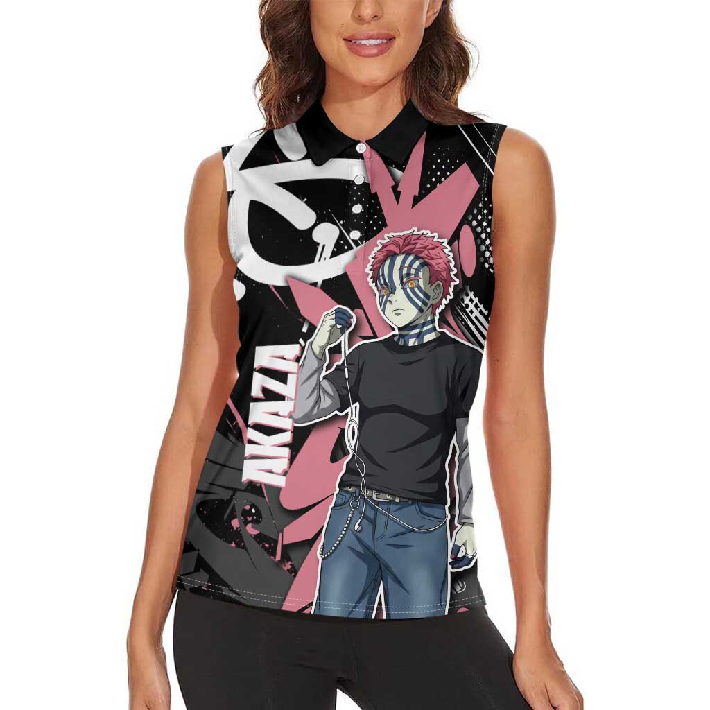 Akaza Demon Slayer Women Sleeveless Polo Shirt Pink & Black Graffiti Anime Graphic
