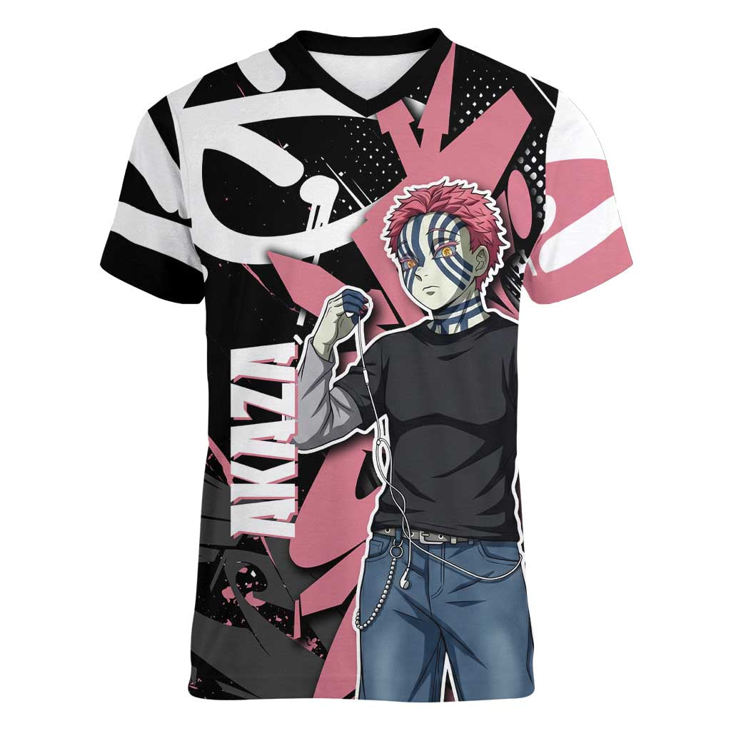Akaza Demon Slayer Women V-Neck T-Shirt Pink & Black Graffiti Anime Graphic