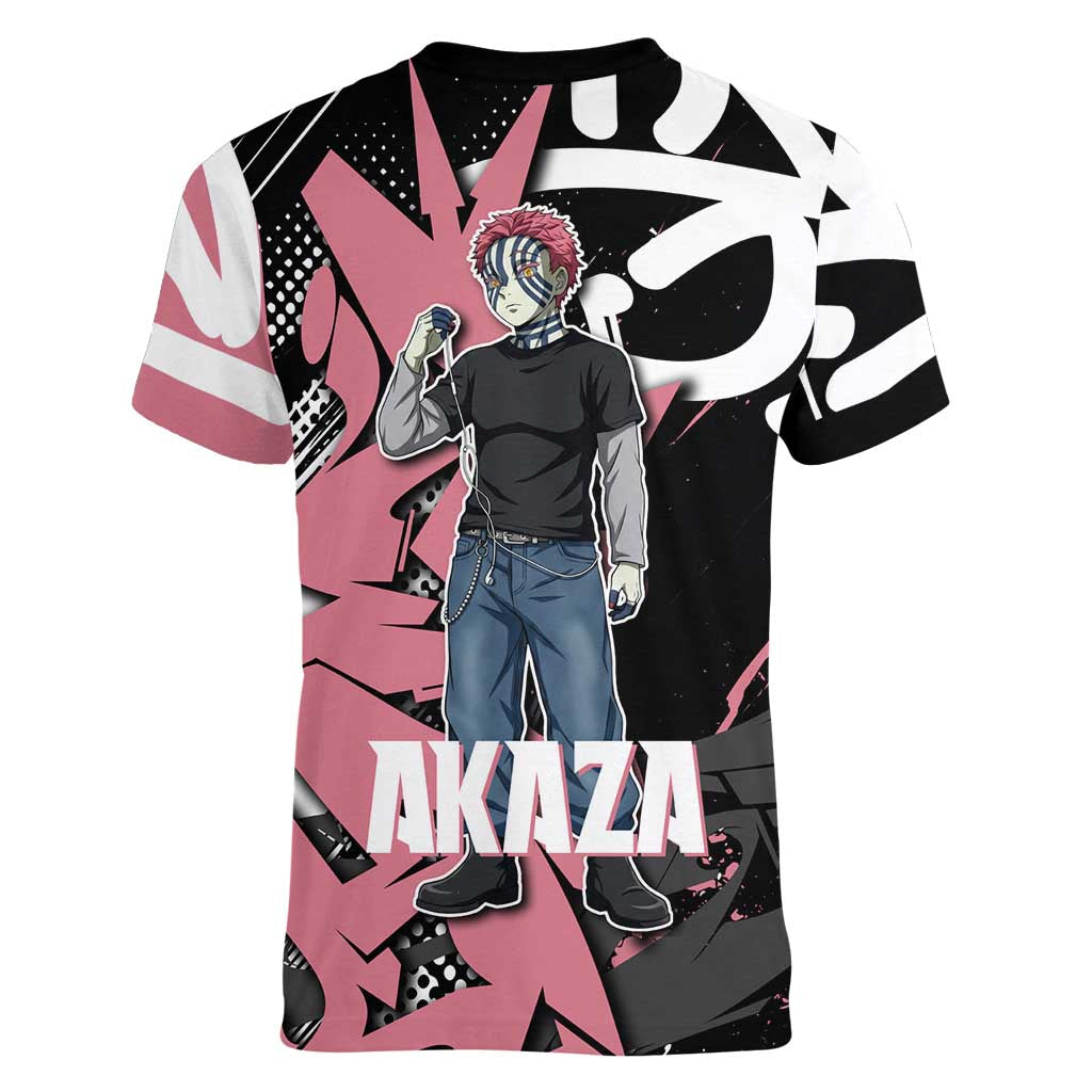 Akaza Demon Slayer Women V-Neck T-Shirt Pink & Black Graffiti Anime Graphic