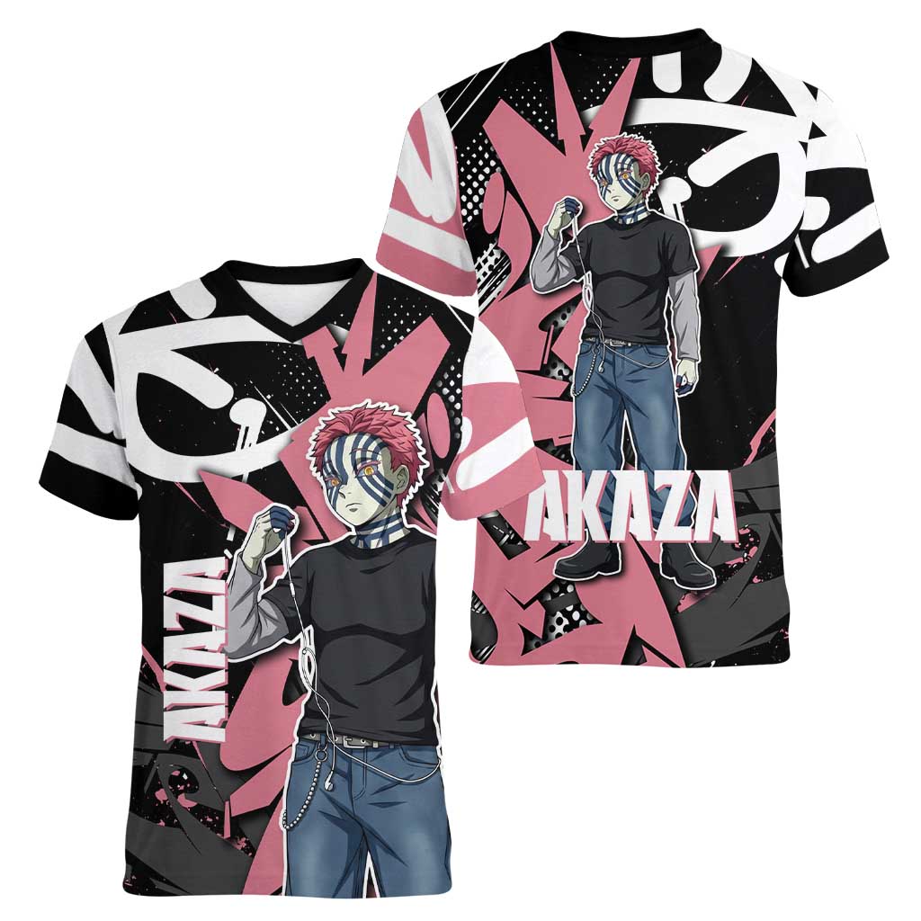 Akaza Demon Slayer Women V-Neck T-Shirt Pink & Black Graffiti Anime Graphic