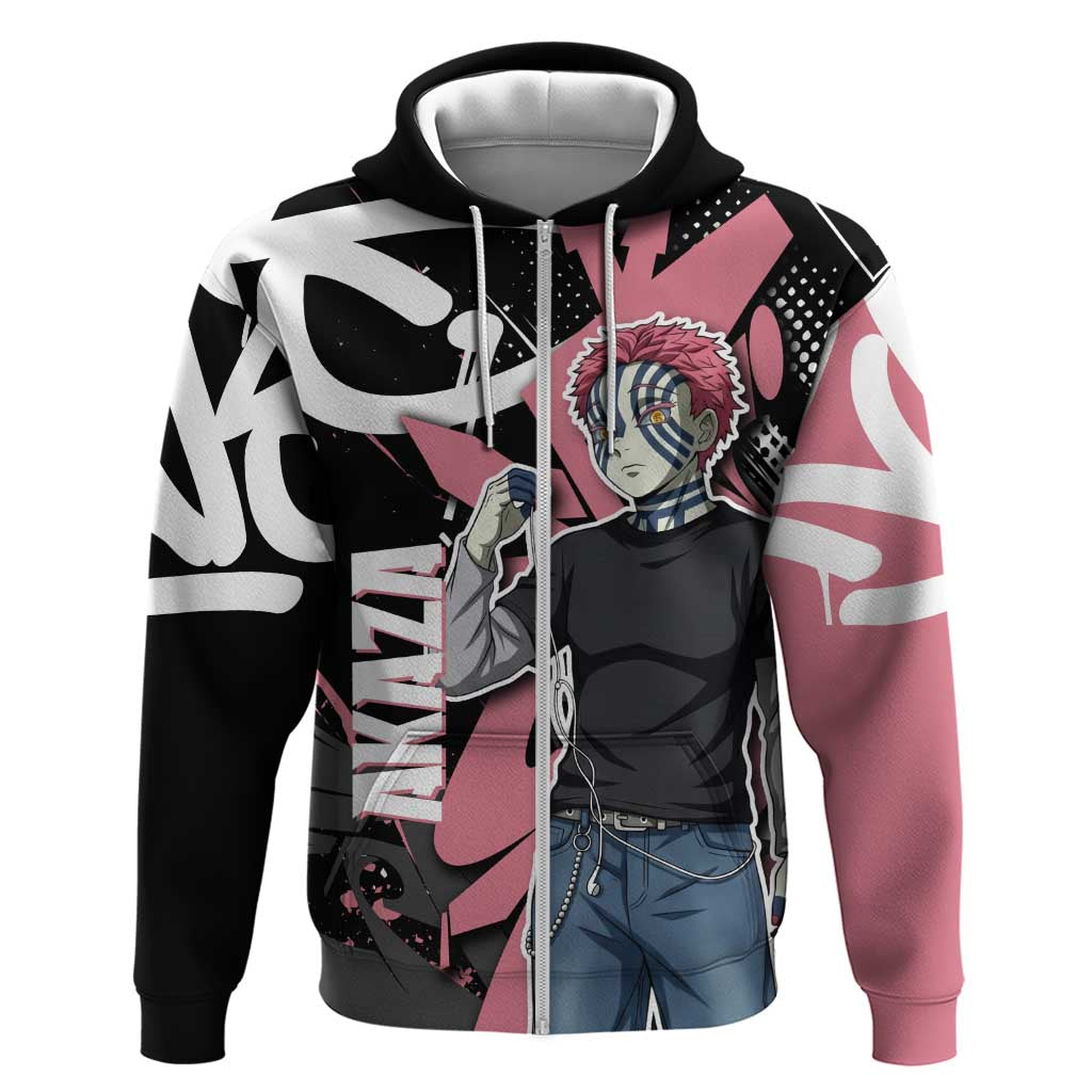 Akaza Demon Slayer Zip Hoodie Pink & Black Graffiti Anime Graphic