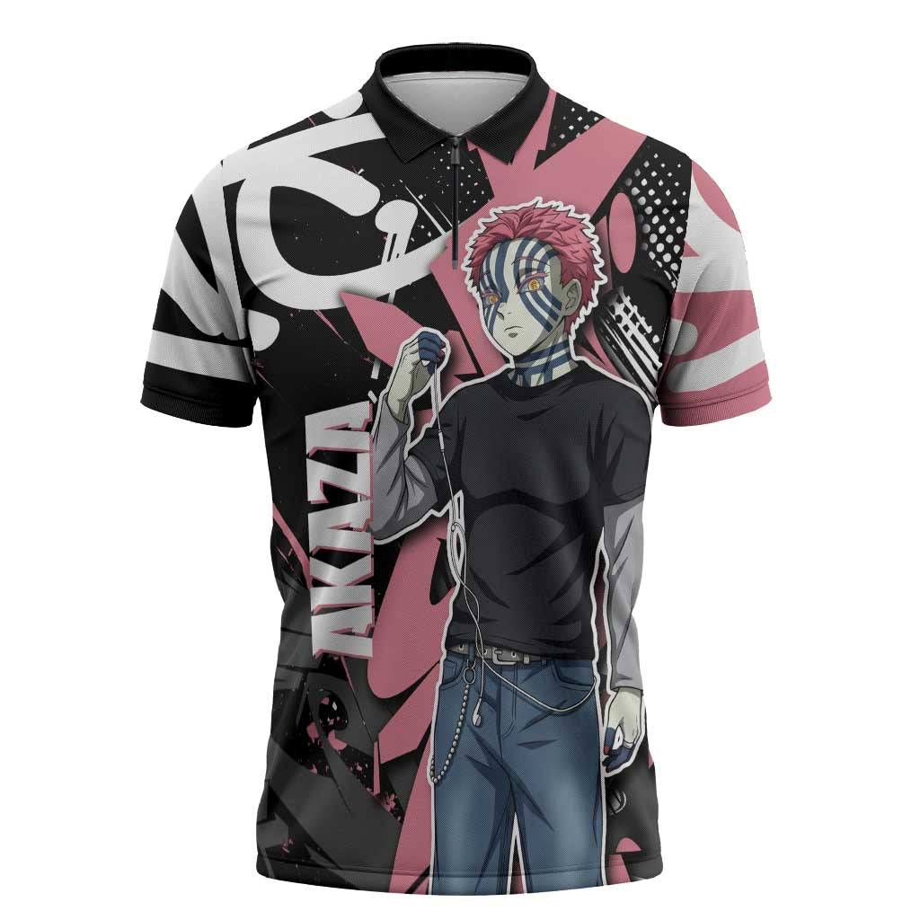 Akaza Demon Slayer Zipper Polo Shirt Pink & Black Graffiti Anime Graphic