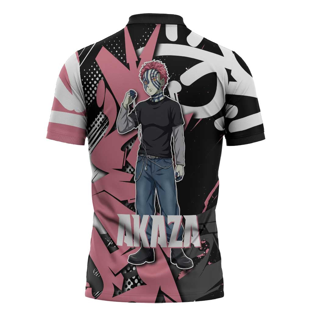 Akaza Demon Slayer Zipper Polo Shirt Pink & Black Graffiti Anime Graphic