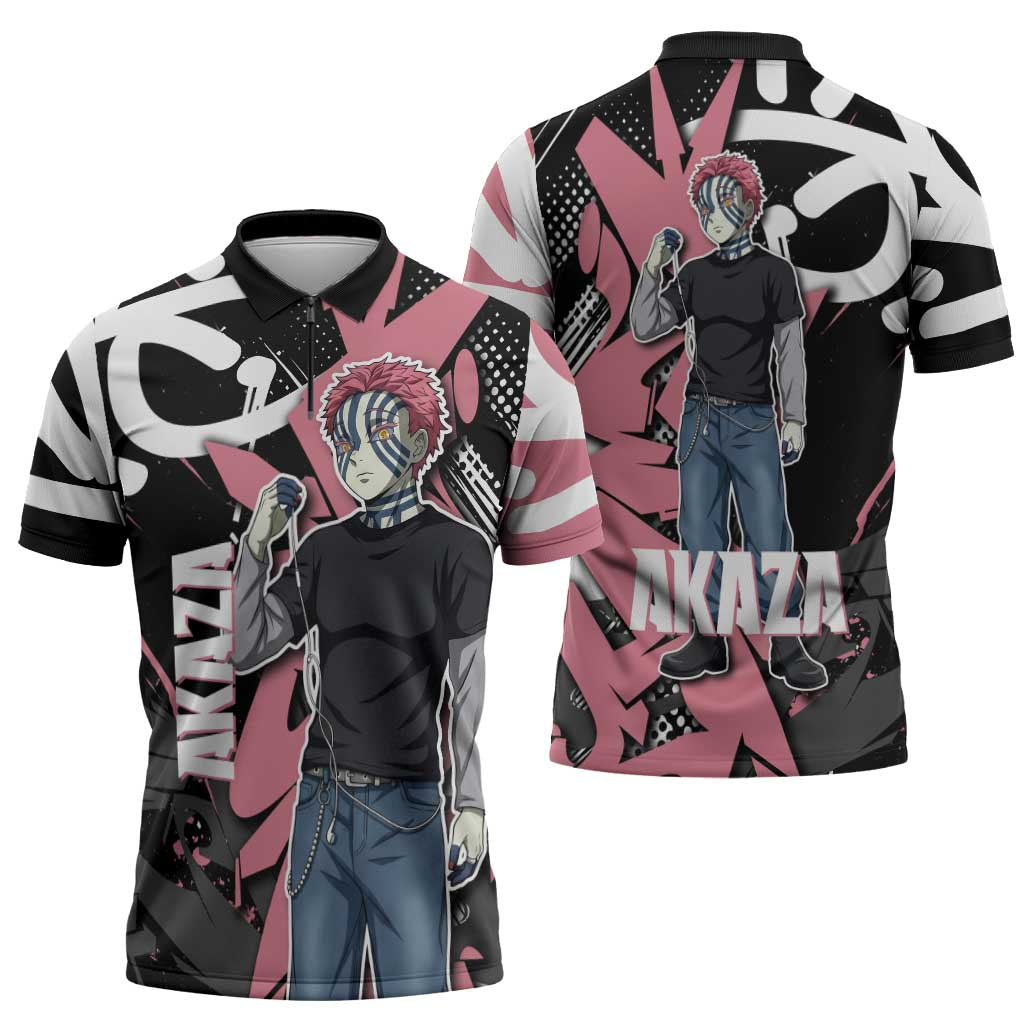 Akaza Demon Slayer Zipper Polo Shirt Pink & Black Graffiti Anime Graphic