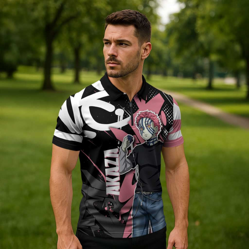 Akaza Demon Slayer Zipper Polo Shirt Pink & Black Graffiti Anime Graphic