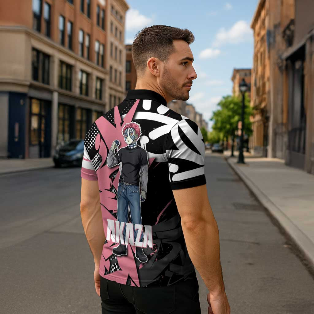 Akaza Demon Slayer Zipper Polo Shirt Pink & Black Graffiti Anime Graphic