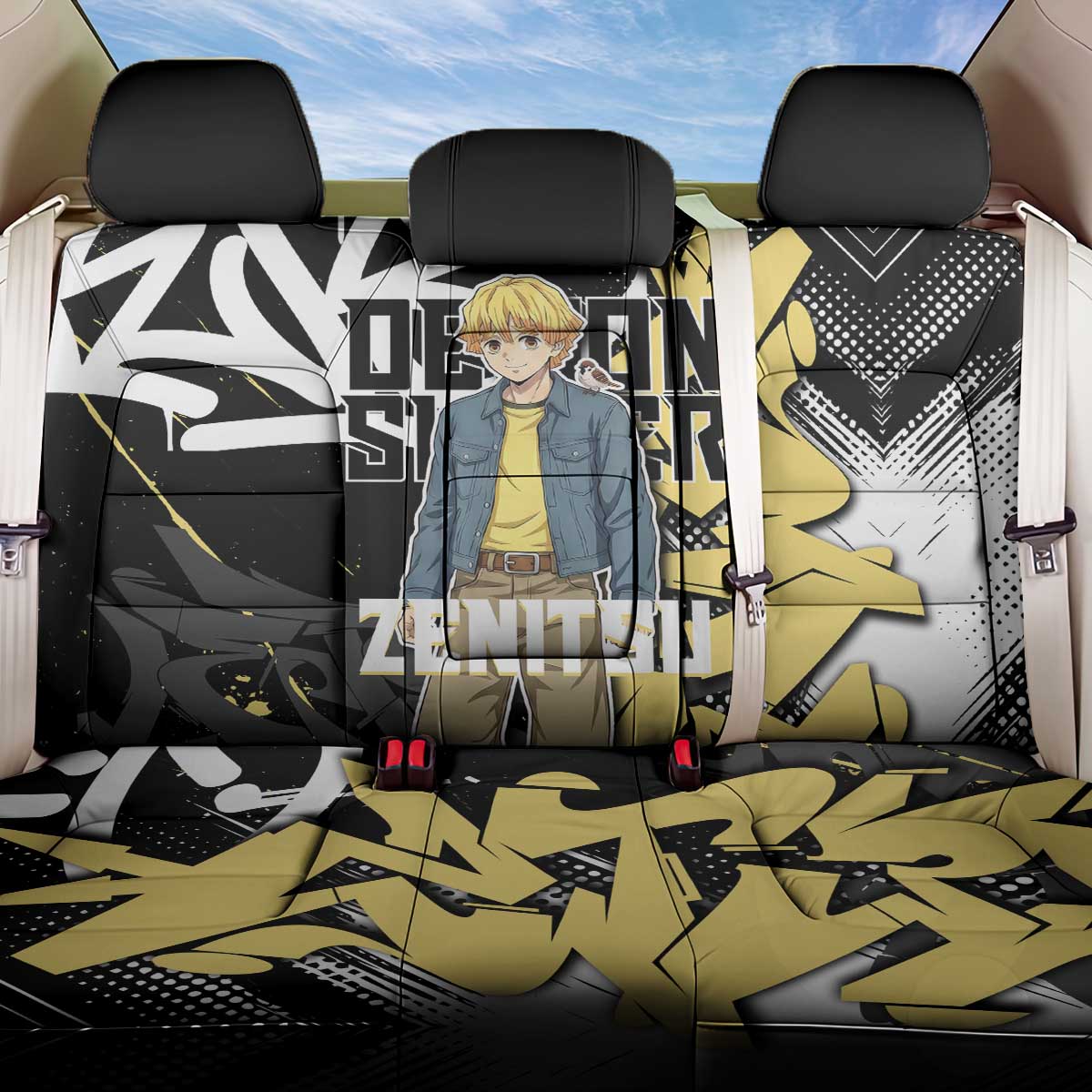 Agatsuma Zenitsu Demon Slayer Back Car Seat Cover Yellow & Black Graffiti Anime