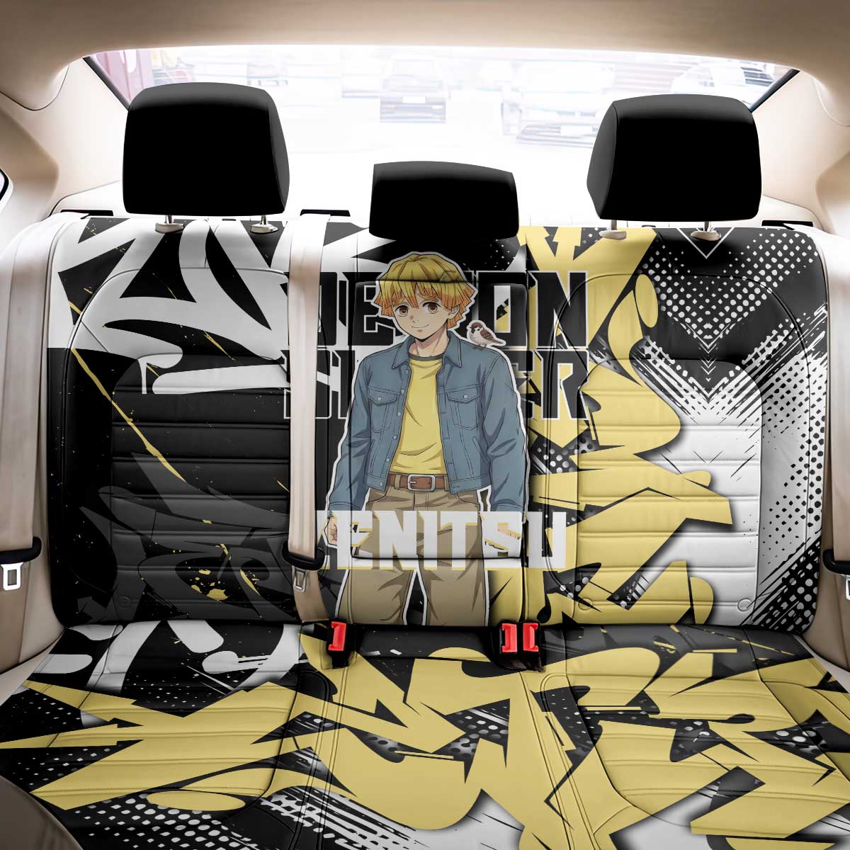 Agatsuma Zenitsu Demon Slayer Back Car Seat Cover Yellow & Black Graffiti Anime