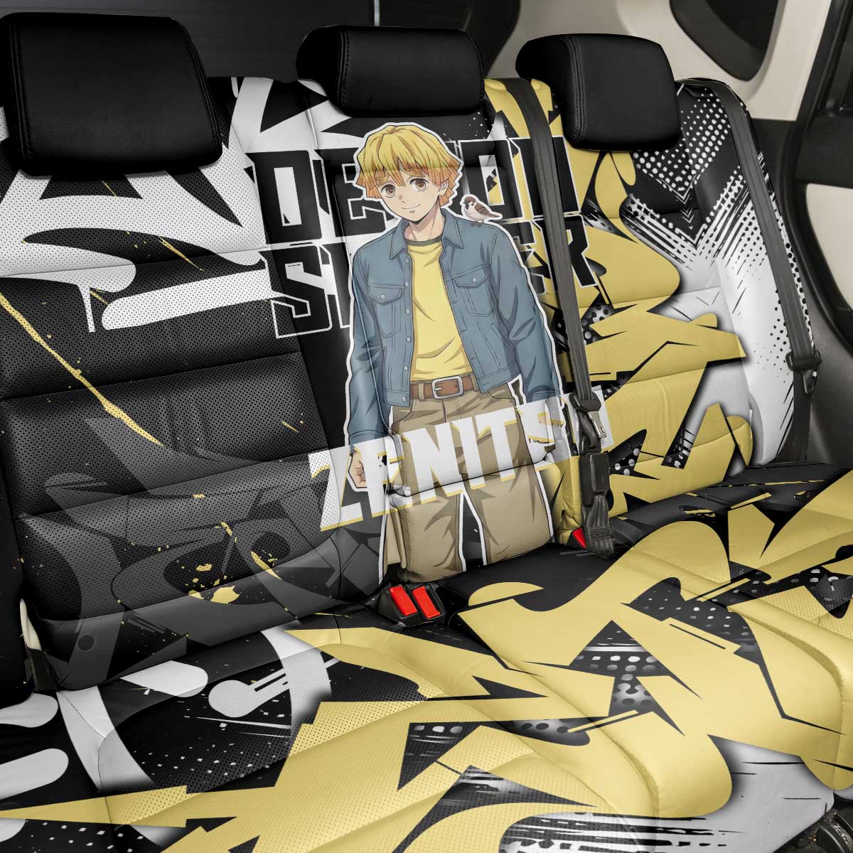 Agatsuma Zenitsu Demon Slayer Back Car Seat Cover Yellow & Black Graffiti Anime