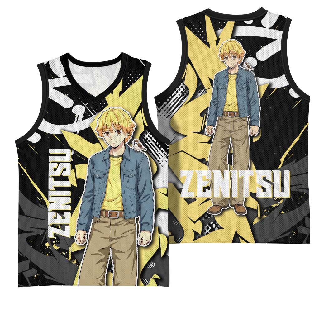 Agatsuma Zenitsu Demon Slayer Basketball Jersey Yellow & Black Graffiti Anime