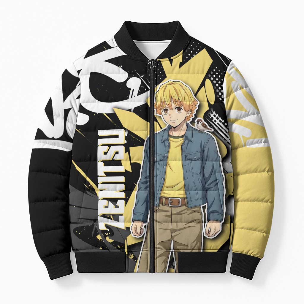 Agatsuma Zenitsu Demon Slayer Bomber Puffer Jacket Yellow & Black Graffiti Anime