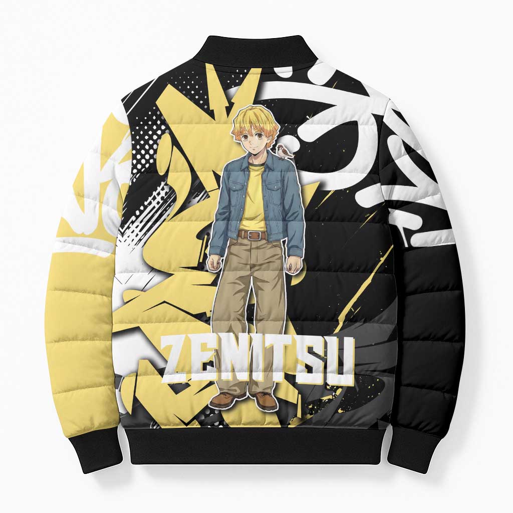 Agatsuma Zenitsu Demon Slayer Bomber Puffer Jacket Yellow & Black Graffiti Anime