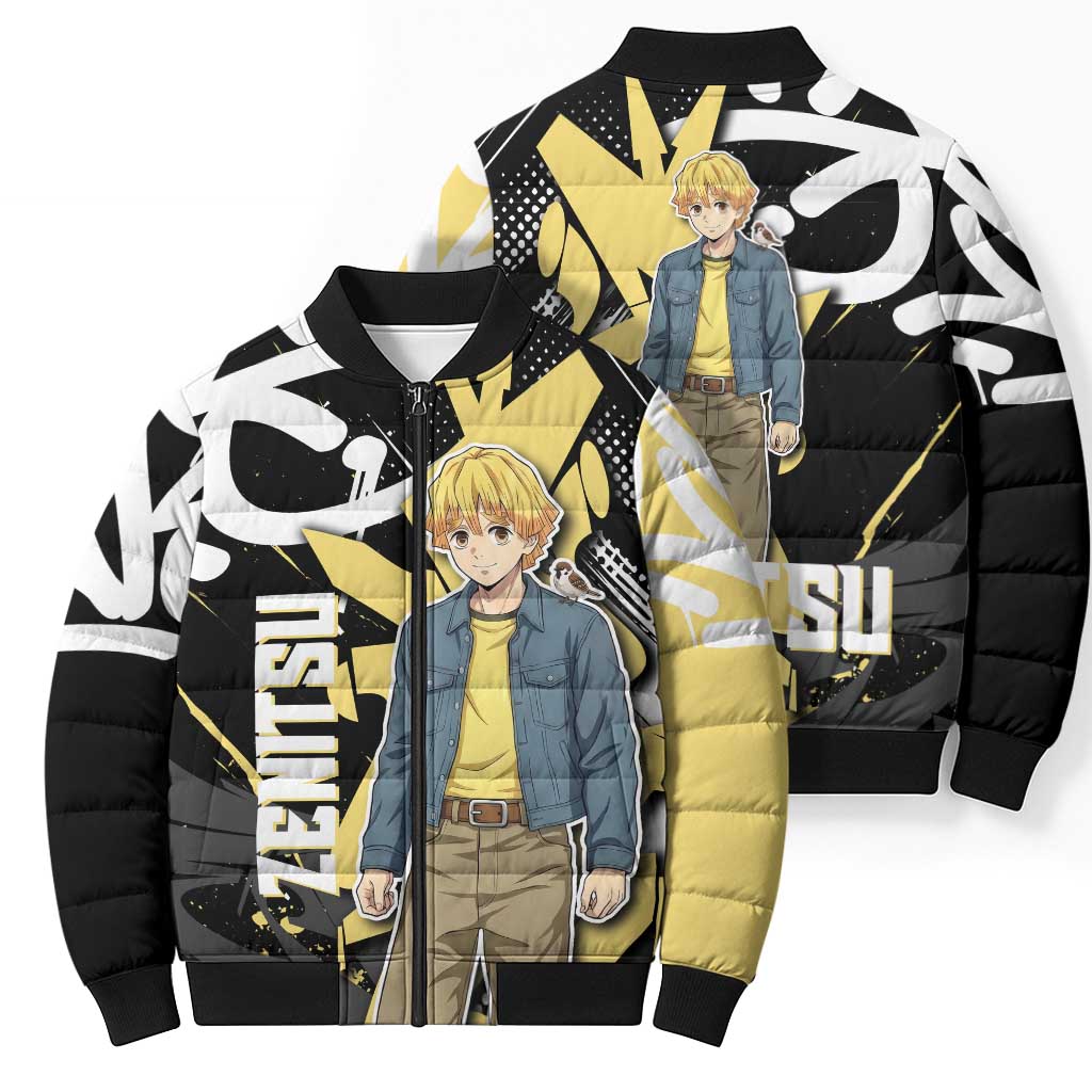 Agatsuma Zenitsu Demon Slayer Bomber Puffer Jacket Yellow & Black Graffiti Anime