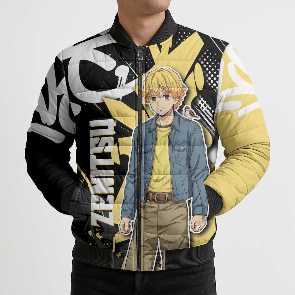 Agatsuma Zenitsu Demon Slayer Bomber Puffer Jacket Yellow & Black Graffiti Anime