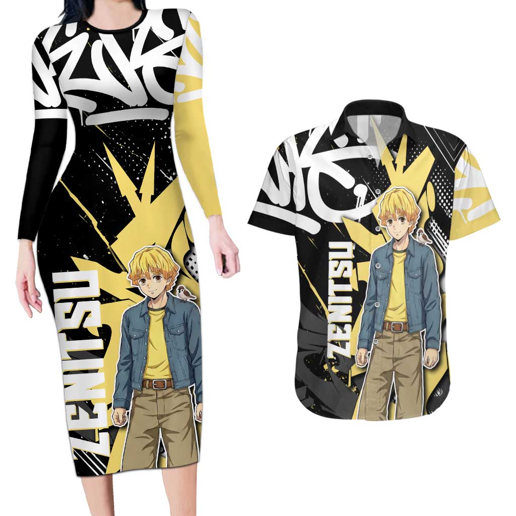 Agatsuma Zenitsu Demon Slayer Couples Matching Long Sleeve Bodycon Dress and Hawaiian Shirt Yellow & Black Graffiti Anime
