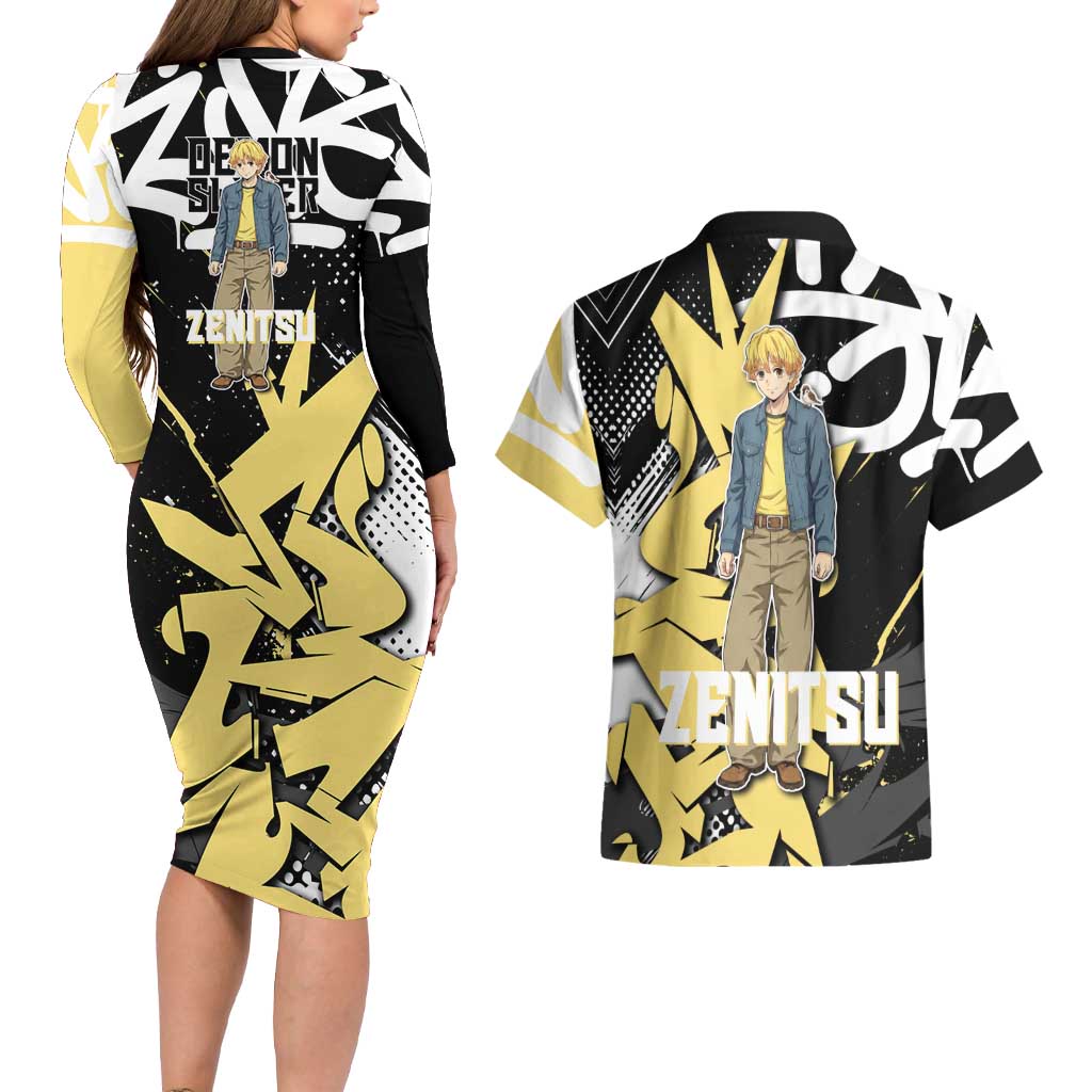 Agatsuma Zenitsu Demon Slayer Couples Matching Long Sleeve Bodycon Dress and Hawaiian Shirt Yellow & Black Graffiti Anime