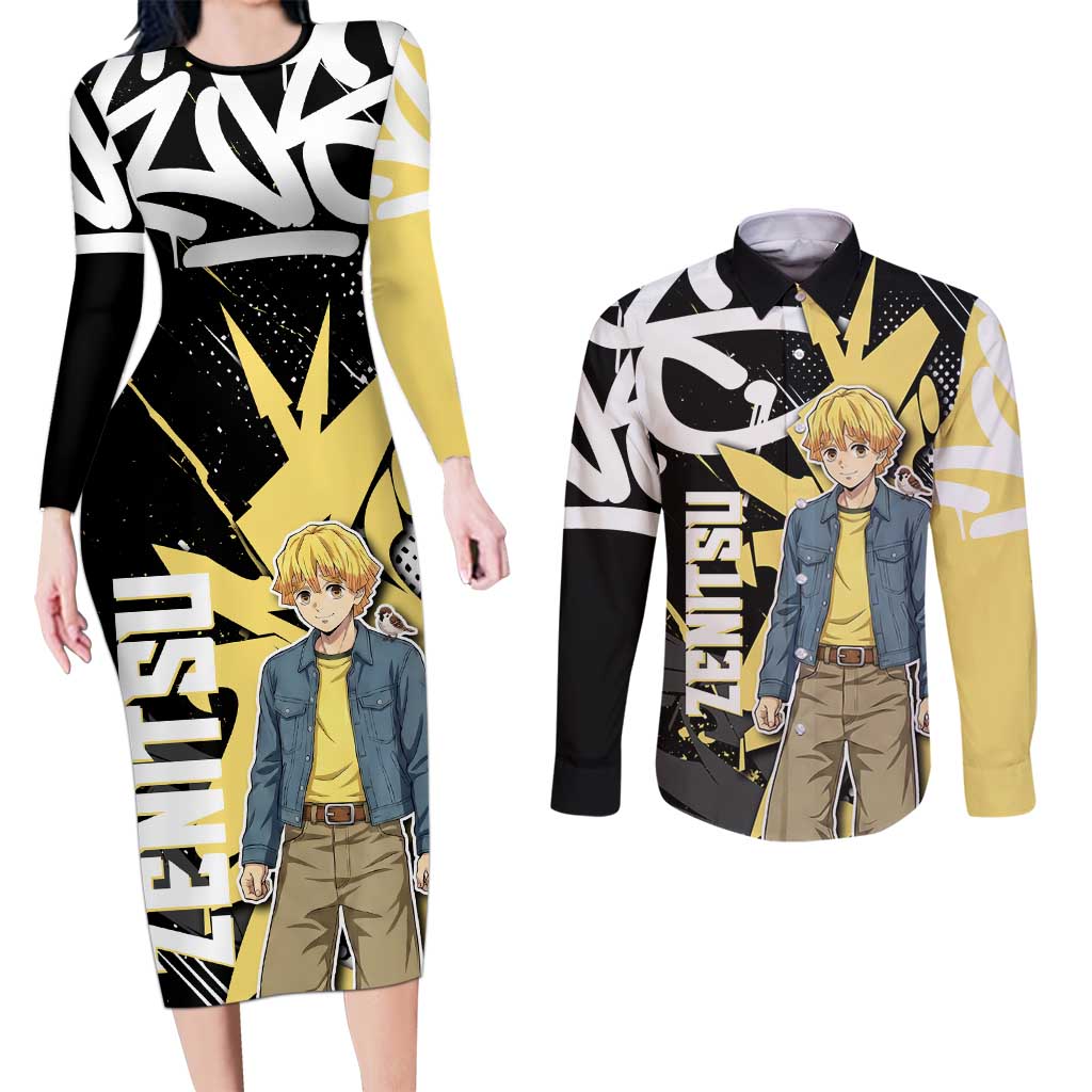 Agatsuma Zenitsu Demon Slayer Couples Matching Long Sleeve Bodycon Dress and Long Sleeve Button Shirt Yellow & Black Graffiti Anime