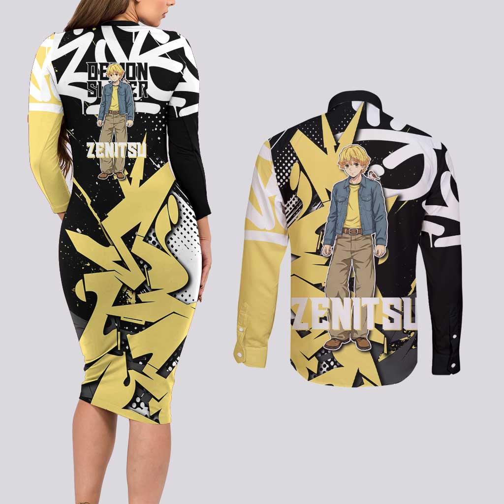 Agatsuma Zenitsu Demon Slayer Couples Matching Long Sleeve Bodycon Dress and Long Sleeve Button Shirt Yellow & Black Graffiti Anime