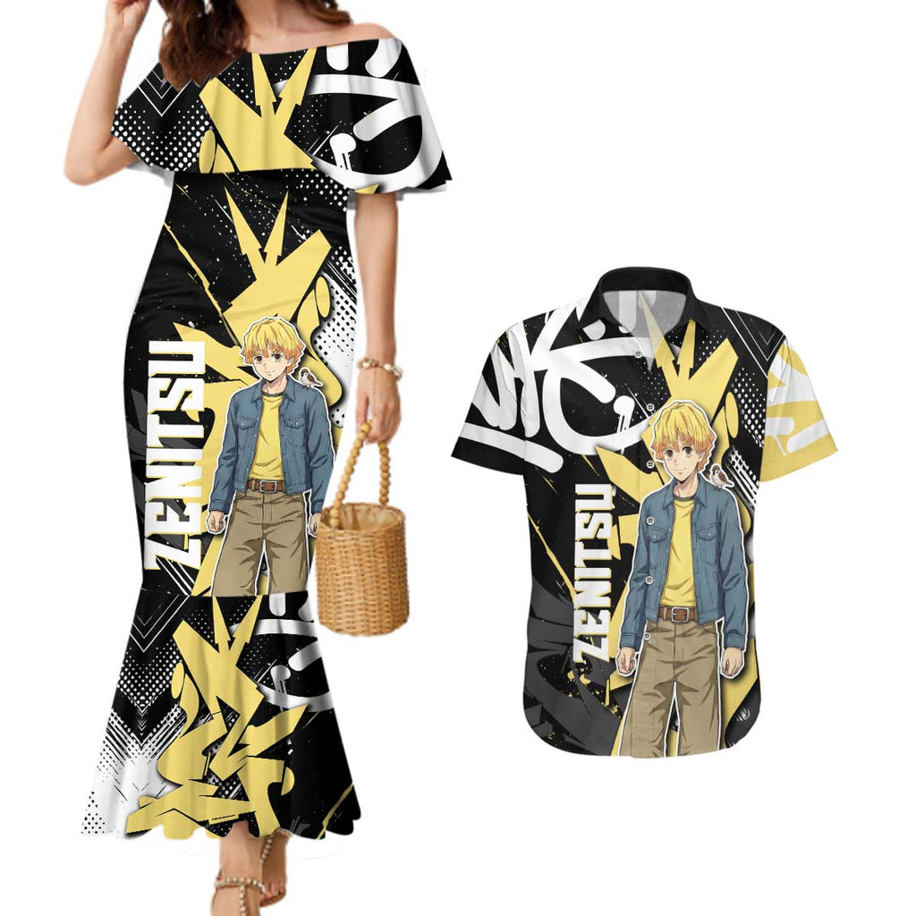 Agatsuma Zenitsu Demon Slayer Couples Matching Mermaid Dress and Hawaiian Shirt Yellow & Black Graffiti Anime