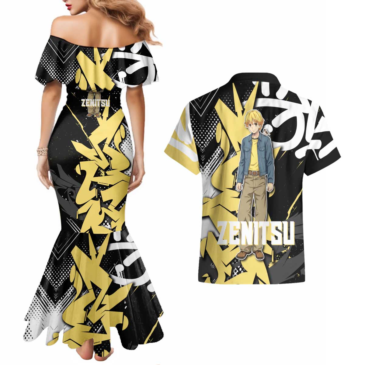 Agatsuma Zenitsu Demon Slayer Couples Matching Mermaid Dress and Hawaiian Shirt Yellow & Black Graffiti Anime