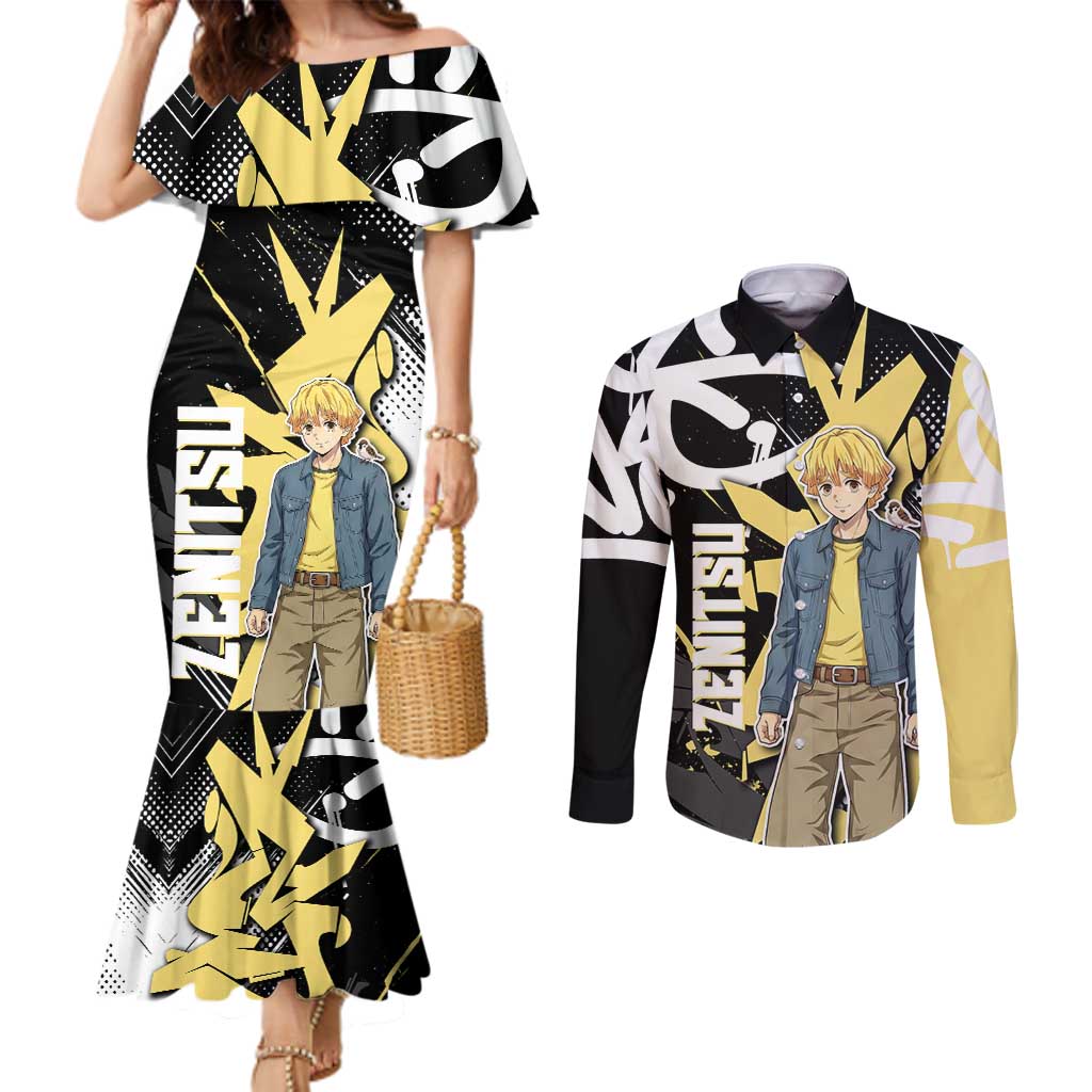 Agatsuma Zenitsu Demon Slayer Couples Matching Mermaid Dress and Long Sleeve Button Shirt Yellow & Black Graffiti Anime